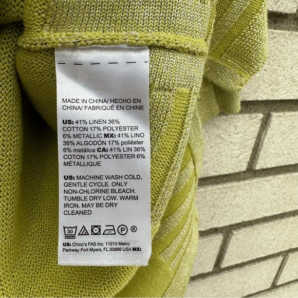 Chico’s Citron Green Shimmer Linen Blend Pullover Sweater Top L Metallic - Picture 4 of 11